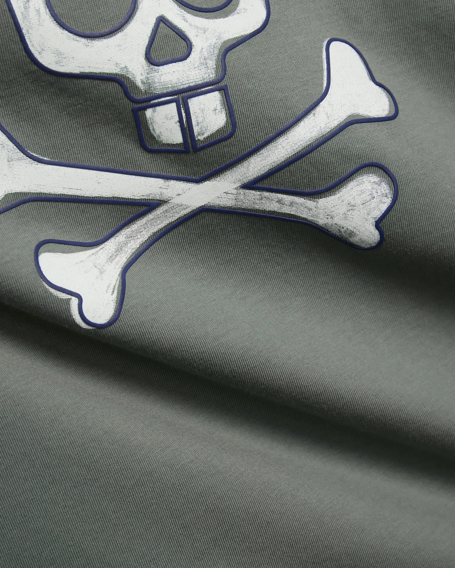 Mens Adler Graphic Tee in dark sage green, soft jersey knit fabric, showcasing a large, distressed white Psycho Bunny skull and crossbones graphic with a bold dark blue outline.