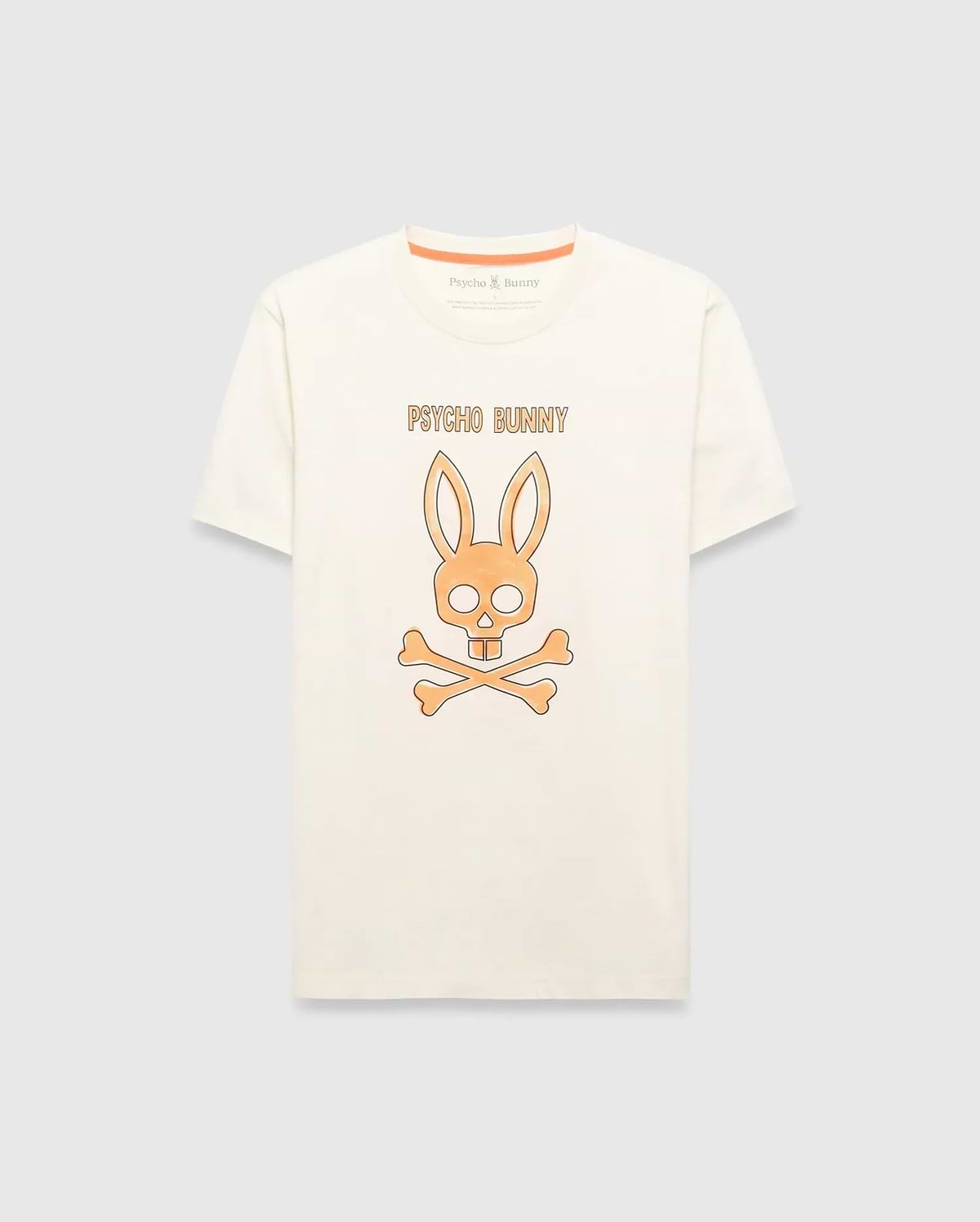 Mens Adler Graphic Tee, a classic fit cream jersey t-shirt with a large central orange Psycho Bunny skull and crossbones graphic and matching brand text. (1)