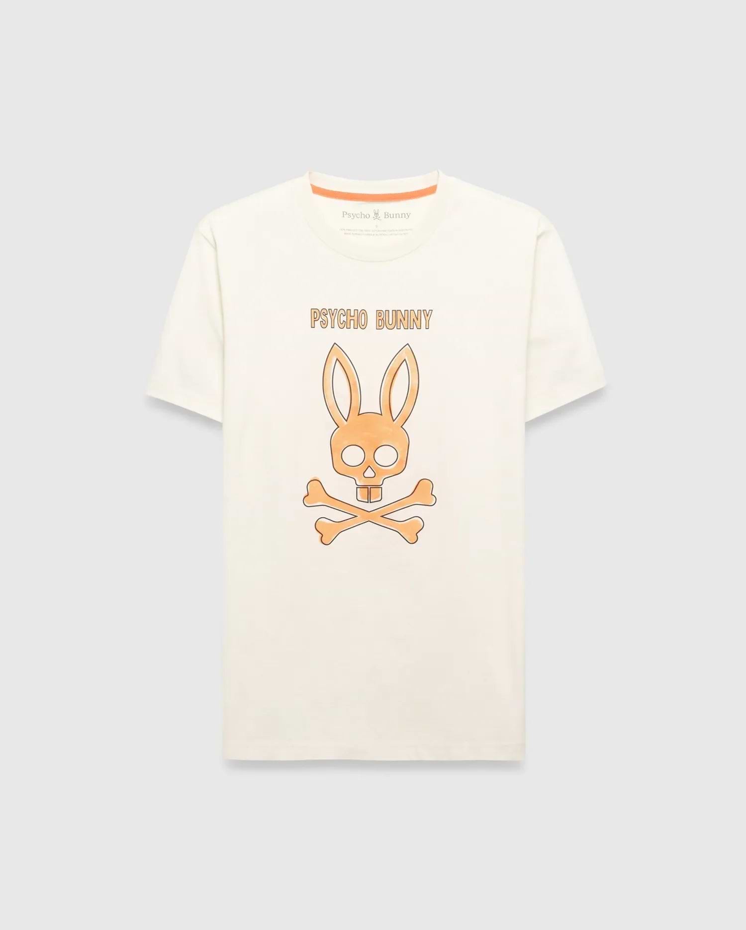 Mens Adler Graphic Tee, a classic fit cream jersey t-shirt with a large central orange Psycho Bunny skull and crossbones graphic and matching brand text. (1)