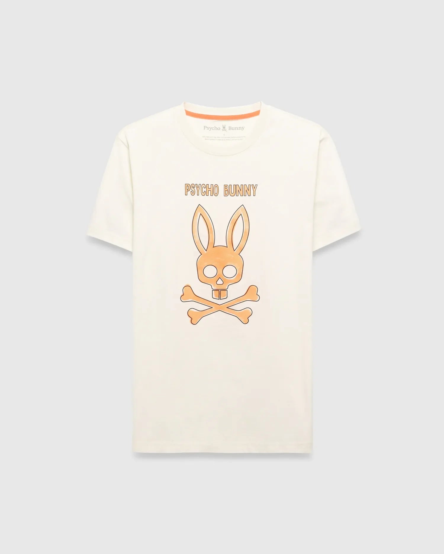 Mens Adler Graphic Tee, a classic fit cream jersey t-shirt with a large central orange Psycho Bunny skull and crossbones graphic and matching brand text. (1)
