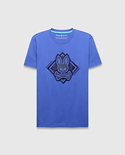 Mens Tobias Graphic Tee, royal blue classic fit jersey t-shirt featuring a large central dark blue textured bunny skull logo within a diamond outline, flanked by diagonal Psycho Bunny text. (1)