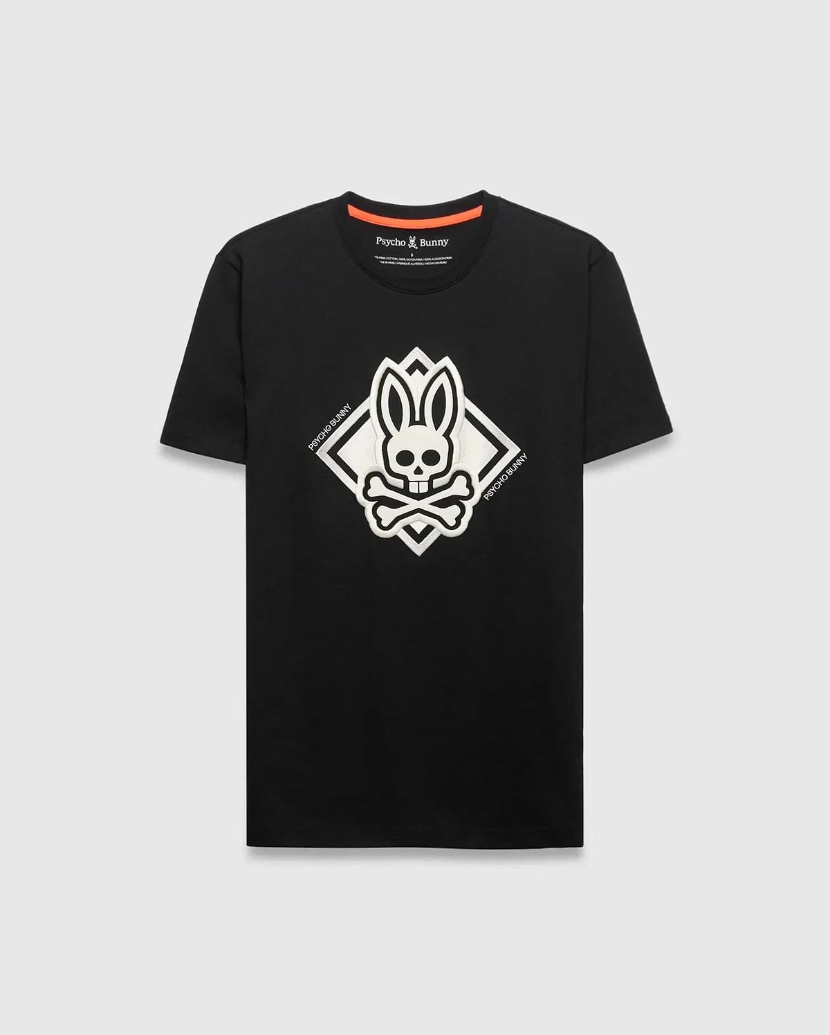 Mens Tobias Graphic Tee, black classic fit jersey t-shirt featuring a large central raised white Psycho Bunny skull diamond graphic with Psycho Bunny text on its sides.