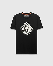 Mens Tobias Graphic Tee, black classic fit jersey t-shirt featuring a large central raised white Psycho Bunny skull diamond graphic with Psycho Bunny text on its sides.