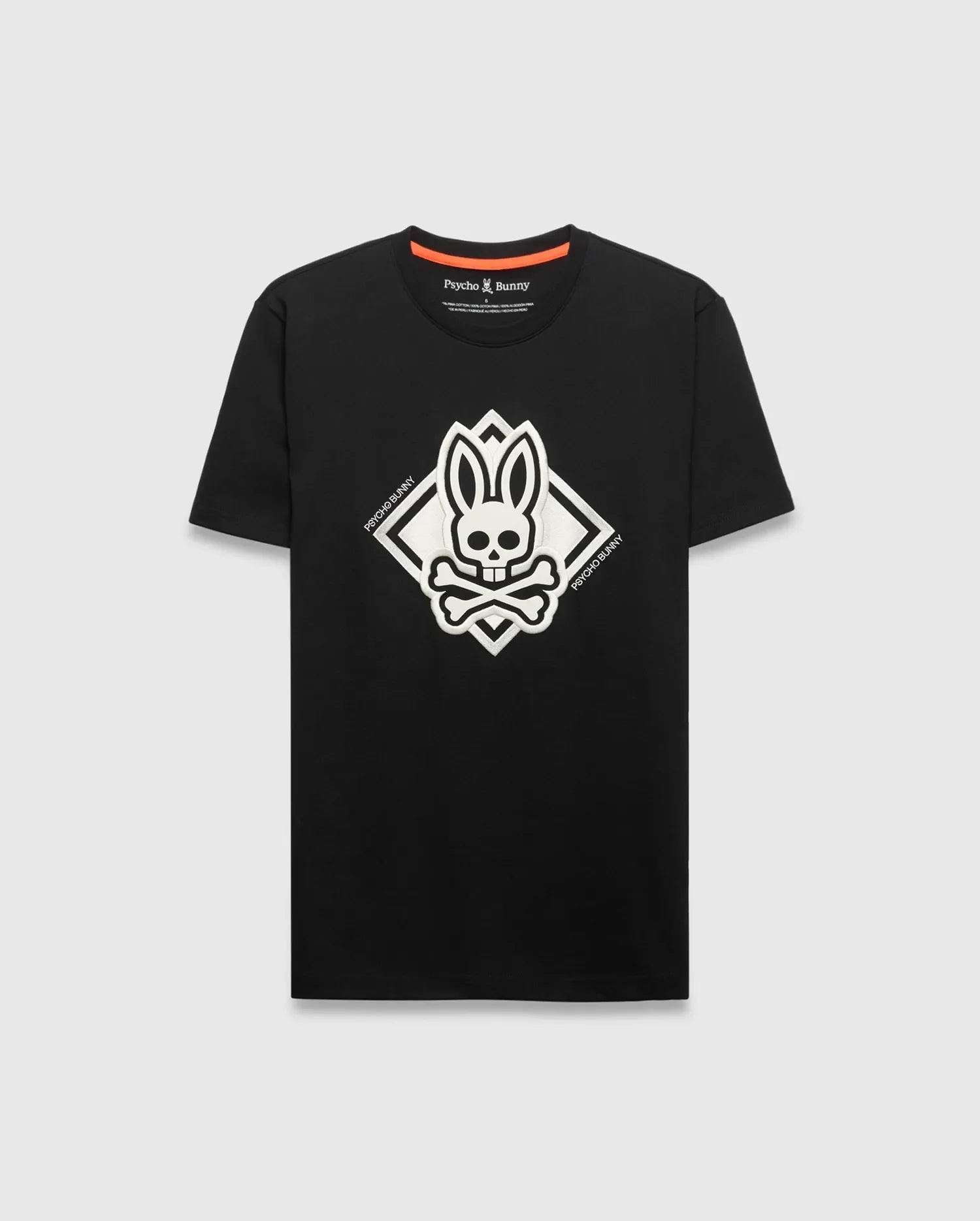 Mens Tobias Graphic Tee, black classic fit jersey t-shirt featuring a large central raised white Psycho Bunny skull diamond graphic with Psycho Bunny text on its sides.