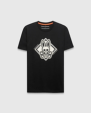Mens Tobias Graphic Tee, black classic fit jersey t-shirt featuring a large central raised white Psycho Bunny skull diamond graphic with Psycho Bunny text on its sides.