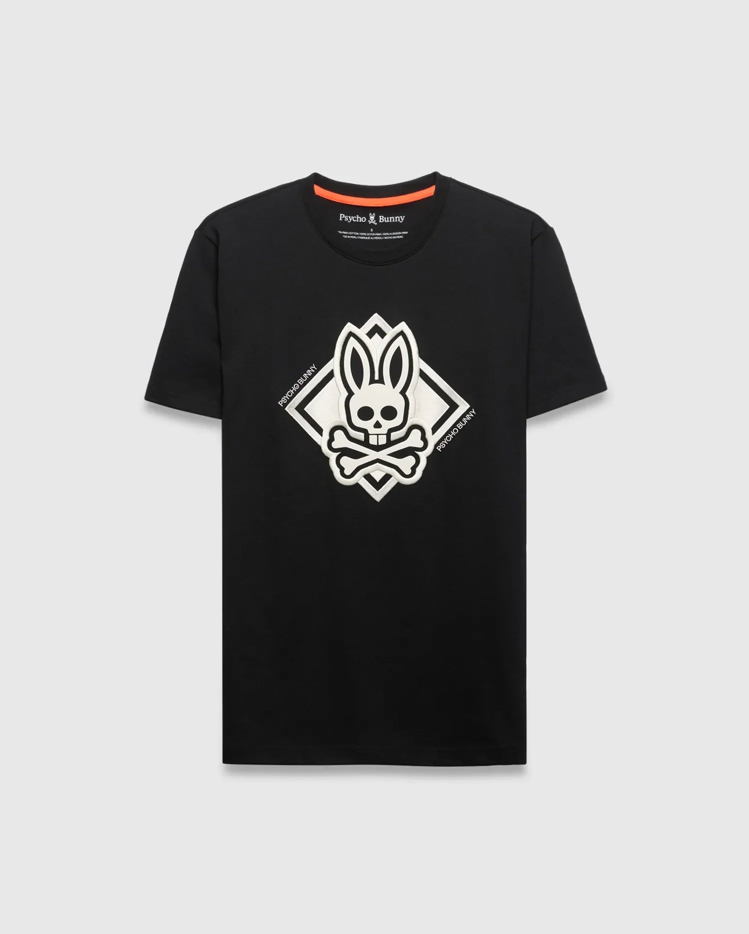 Mens Tobias Graphic Tee, black classic fit jersey t-shirt featuring a large central raised white Psycho Bunny skull diamond graphic with Psycho Bunny text on its sides.