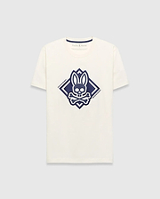 Mens Tobias Graphic Tee, a cream classic fit jersey t-shirt with a large central navy blue Psycho Bunny skull and crossbones logo inside a diamond graphic, featuring Psycho Bunny text.