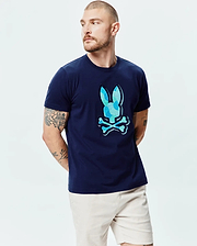 Mens Ethan Graphic Tee, navy classic fit jersey t-shirt with a large center chest Psycho Bunny skull logo featuring a blue and light blue camouflage pattern fill. (3)