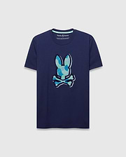 Mens Ethan Graphic Tee. Navy classic fit jersey t-shirt with a large center chest Psycho Bunny skull logo featuring a blue and green camouflage pattern, outlined in white. (1)