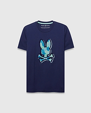 Mens Ethan Graphic Tee. Navy classic fit jersey t-shirt with a large center chest Psycho Bunny skull logo featuring a blue and green camouflage pattern, outlined in white. (1)