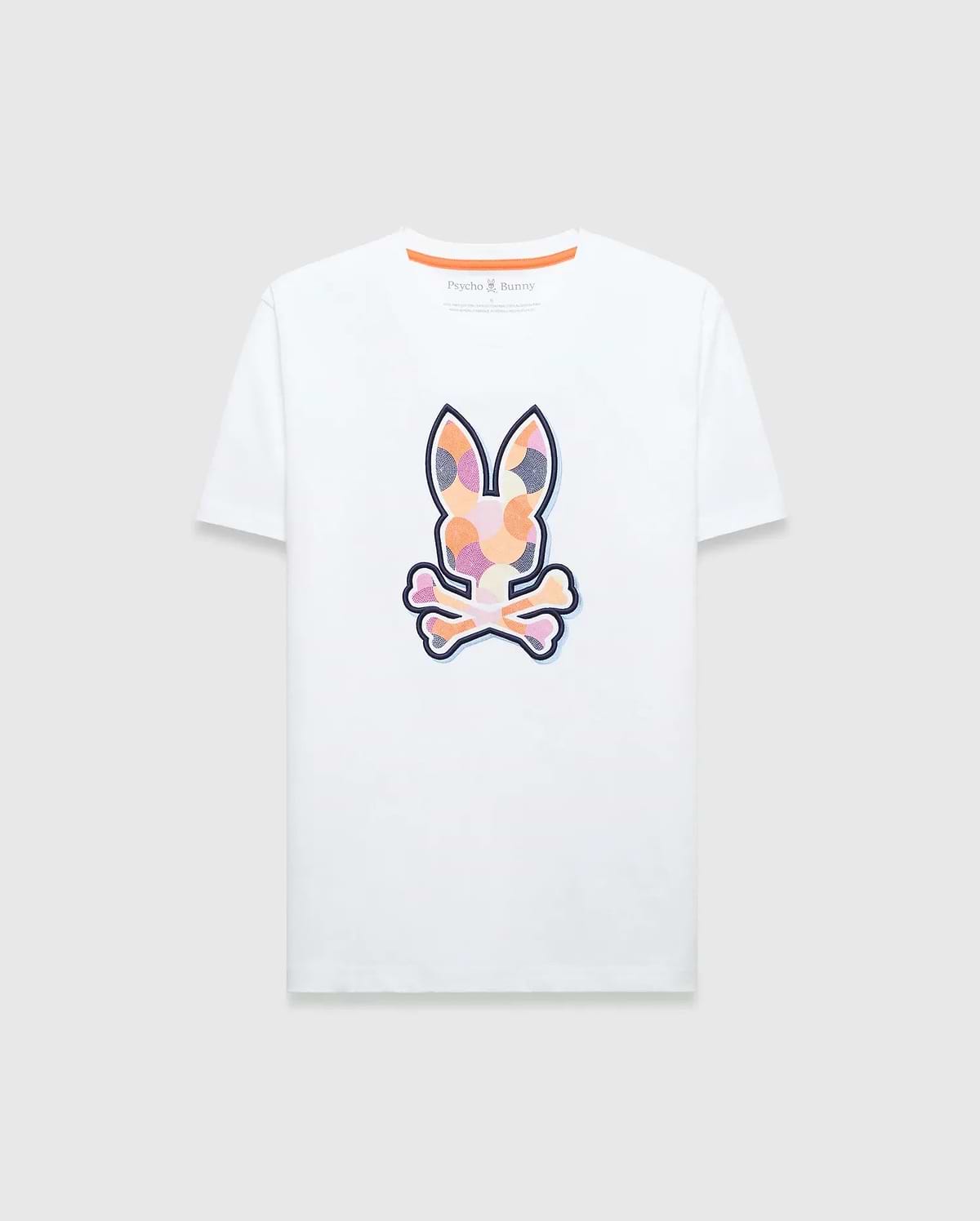 Mens Ethan Graphic Tee, white classic fit jersey t-shirt featuring a large, vibrant geometric bunny skull graphic print on the chest and signature orange neck tape. (1)