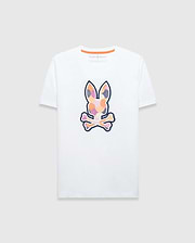 Mens Ethan Graphic Tee, white classic fit jersey t-shirt featuring a large, vibrant geometric bunny skull graphic print on the chest and signature orange neck tape. (1)