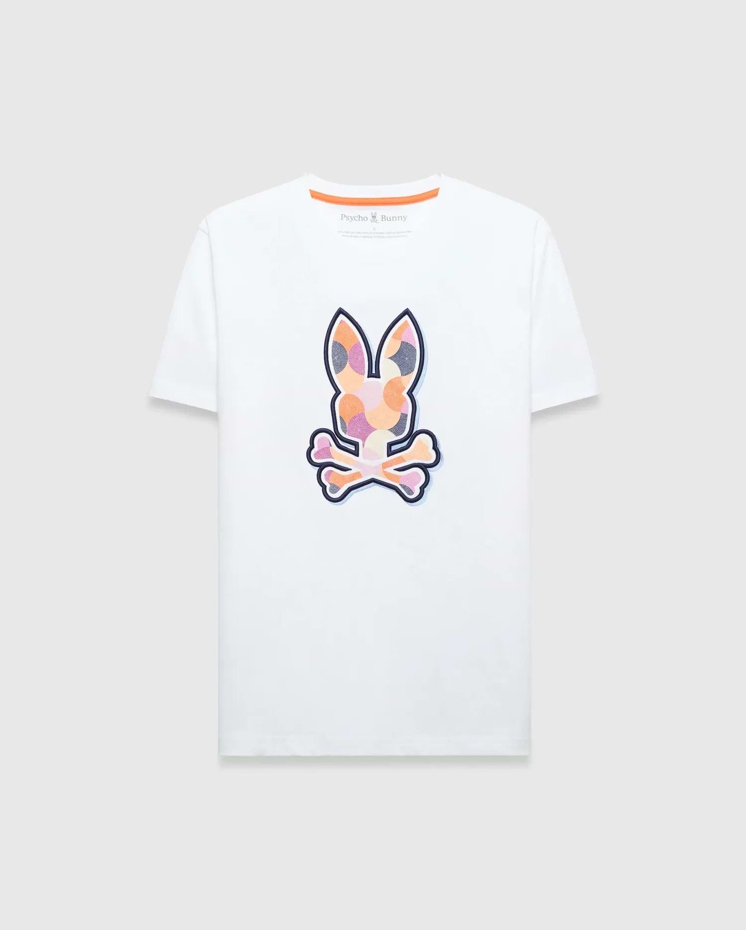 Mens Ethan Graphic Tee, white classic fit jersey t-shirt featuring a large, vibrant geometric bunny skull graphic print on the chest and signature orange neck tape. (1)