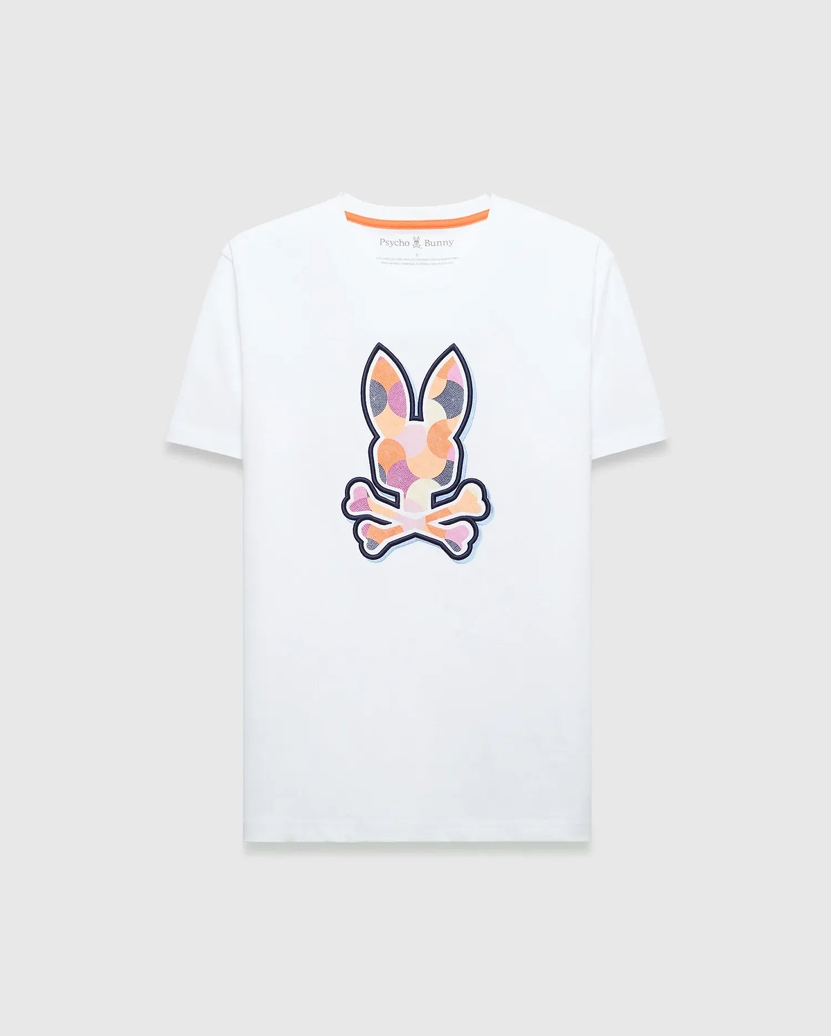 Mens Ethan Graphic Tee, white classic fit jersey t-shirt featuring a large, vibrant geometric bunny skull graphic print on the chest and signature orange neck tape. (1)