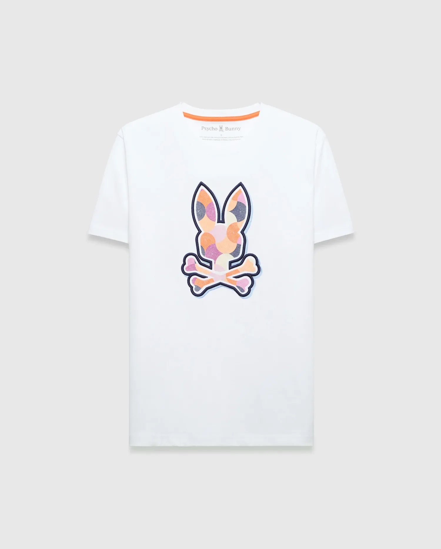 Mens Ethan Graphic Tee, white classic fit jersey t-shirt featuring a large, vibrant geometric bunny skull graphic print on the chest and signature orange neck tape. (1)