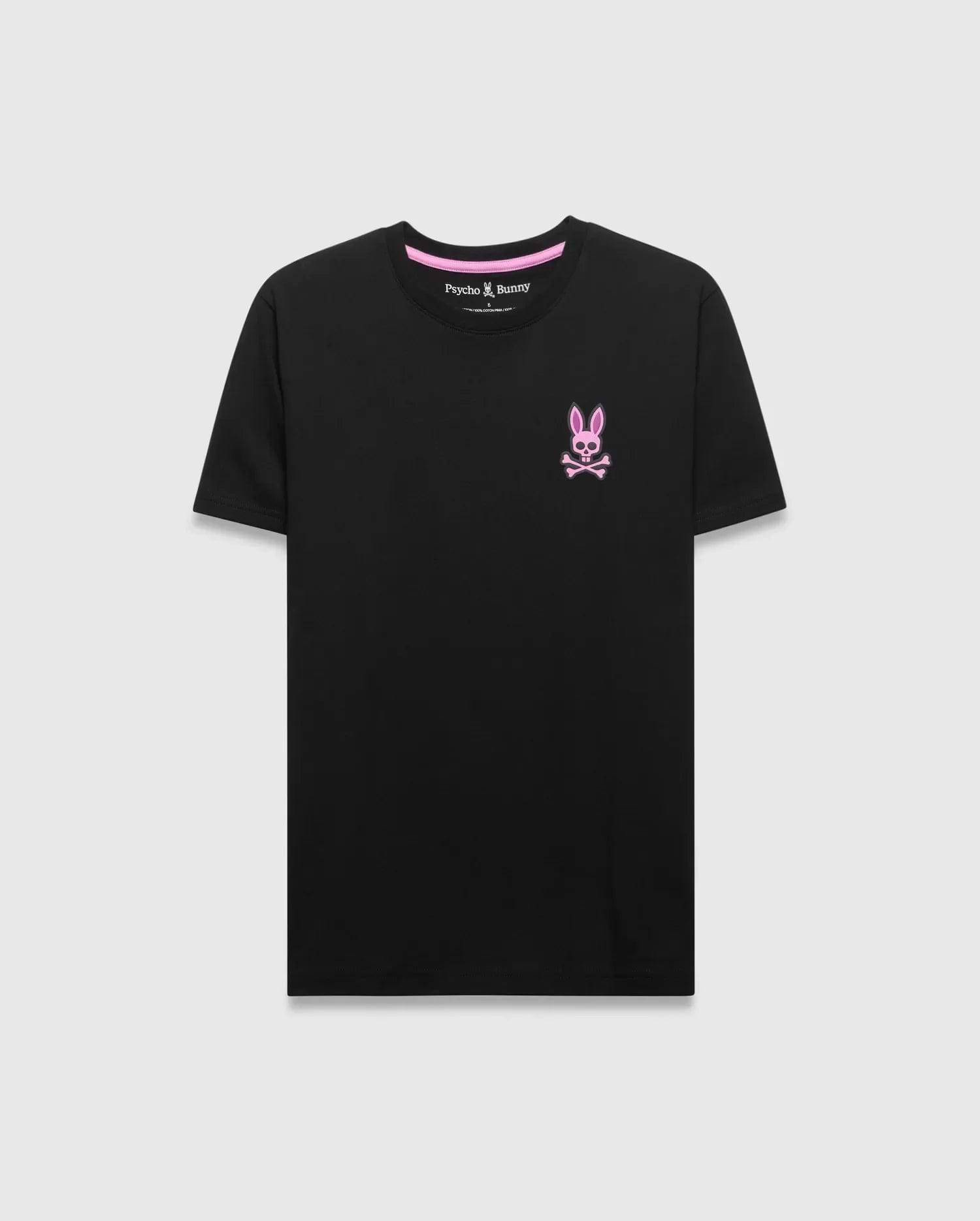 Mens Frank Back Graphic Tee, a black classic fit jersey t-shirt with a small pink embroidered Psycho Bunny skull logo on the left chest and pink inner collar trim.