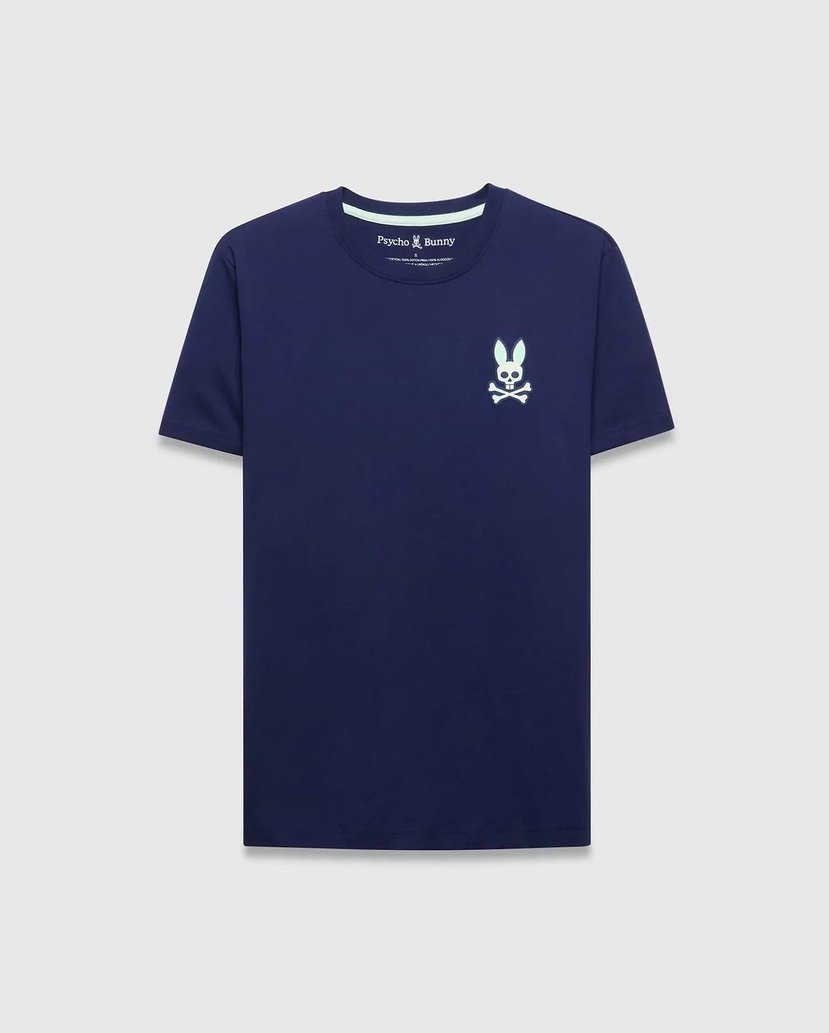 Mens Frank Back Graphic Tee, a classic fit navy blue jersey t-shirt with a small embroidered light blue and white Psycho Bunny skull logo on the left chest and subtle collar stripe.