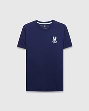 Mens Frank Back Graphic Tee, a classic fit navy blue jersey t-shirt with a small embroidered light blue and white Psycho Bunny skull logo on the left chest and subtle collar stripe.
