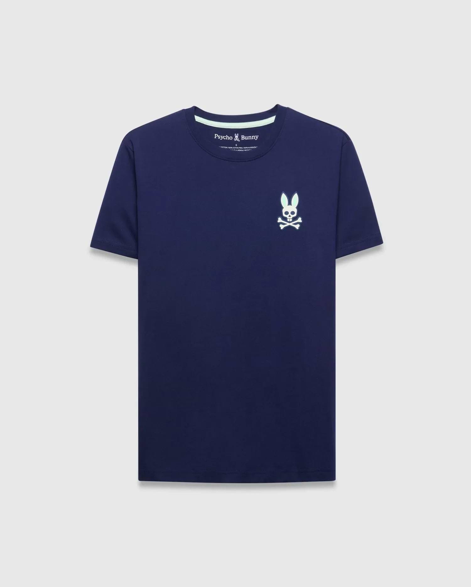 Mens Frank Back Graphic Tee, a classic fit navy blue jersey t-shirt with a small embroidered light blue and white Psycho Bunny skull logo on the left chest and subtle collar stripe.