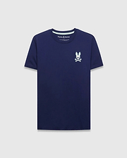 Mens Frank Back Graphic Tee, a classic fit navy blue jersey t-shirt with a small embroidered light blue and white Psycho Bunny skull logo on the left chest and subtle collar stripe.