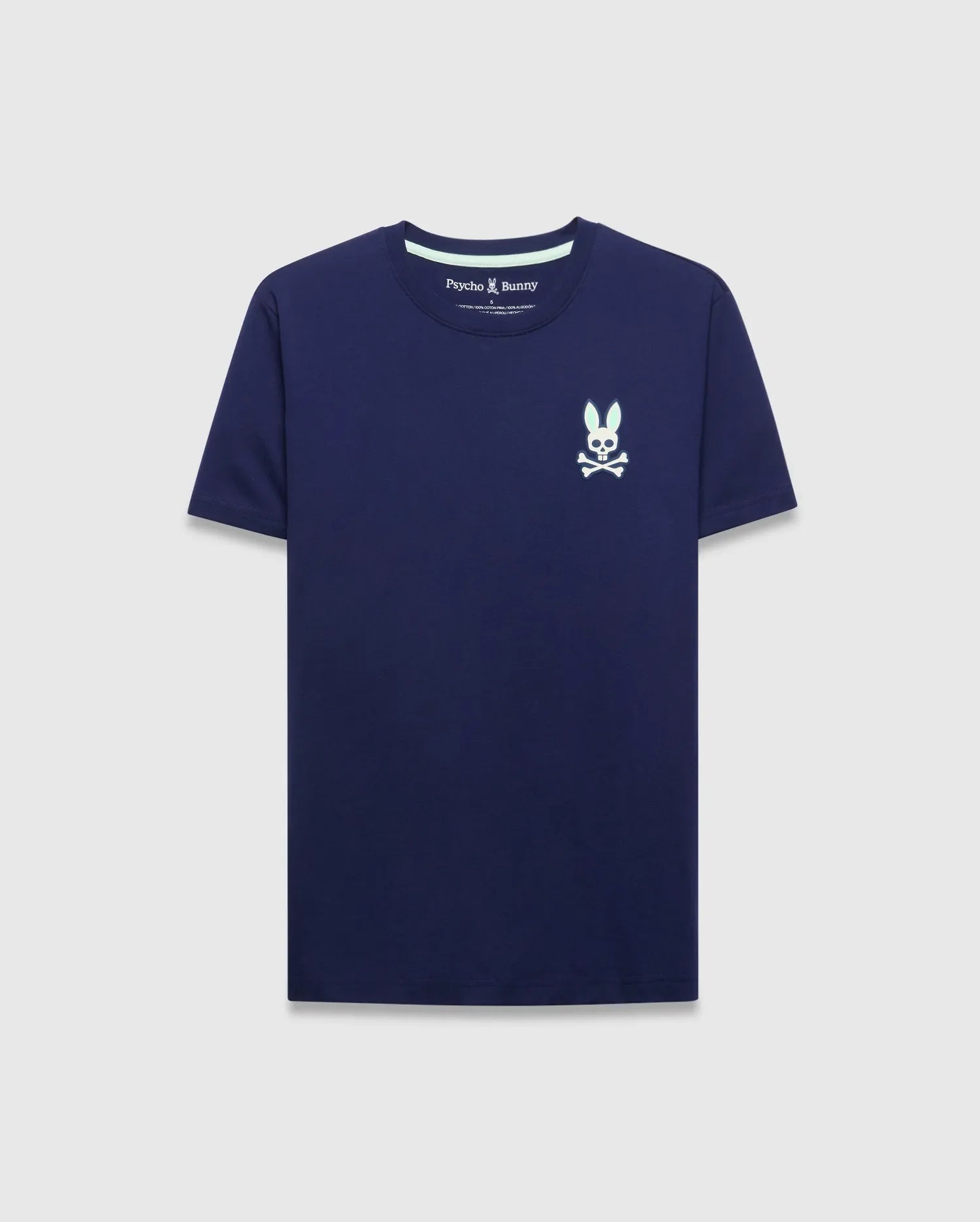 Mens Frank Back Graphic Tee, a classic fit navy blue jersey t-shirt with a small embroidered light blue and white Psycho Bunny skull logo on the left chest and subtle collar stripe.