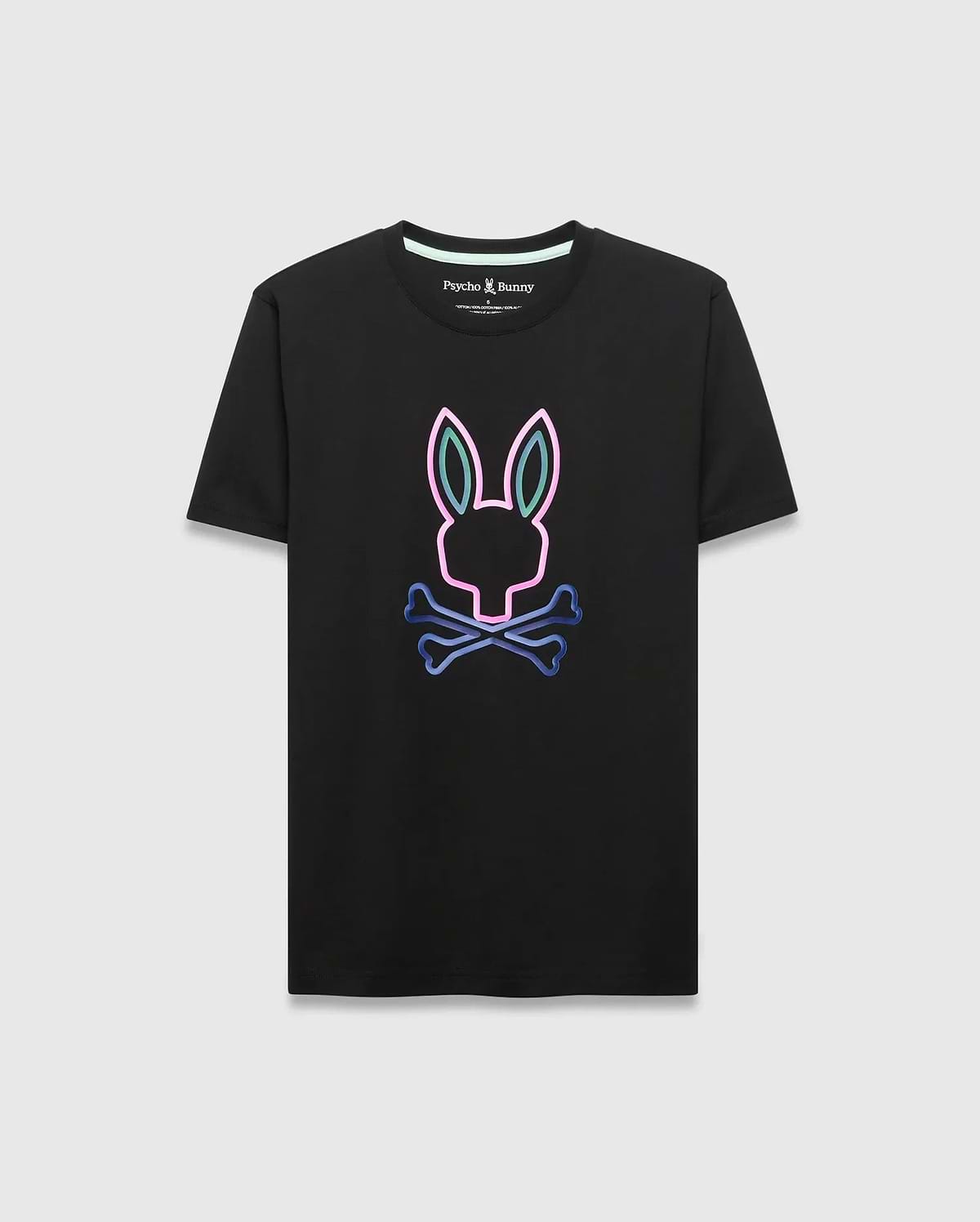 Black Mens Dayton Graphic Tee, classic fit, smooth jersey, featuring a large central neon outline Psycho Bunny skull logo in vibrant pink, blue, and green gradient. (5)
