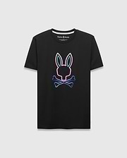 Black Mens Dayton Graphic Tee, classic fit, smooth jersey, featuring a large central neon outline Psycho Bunny skull logo in vibrant pink, blue, and green gradient. (5)