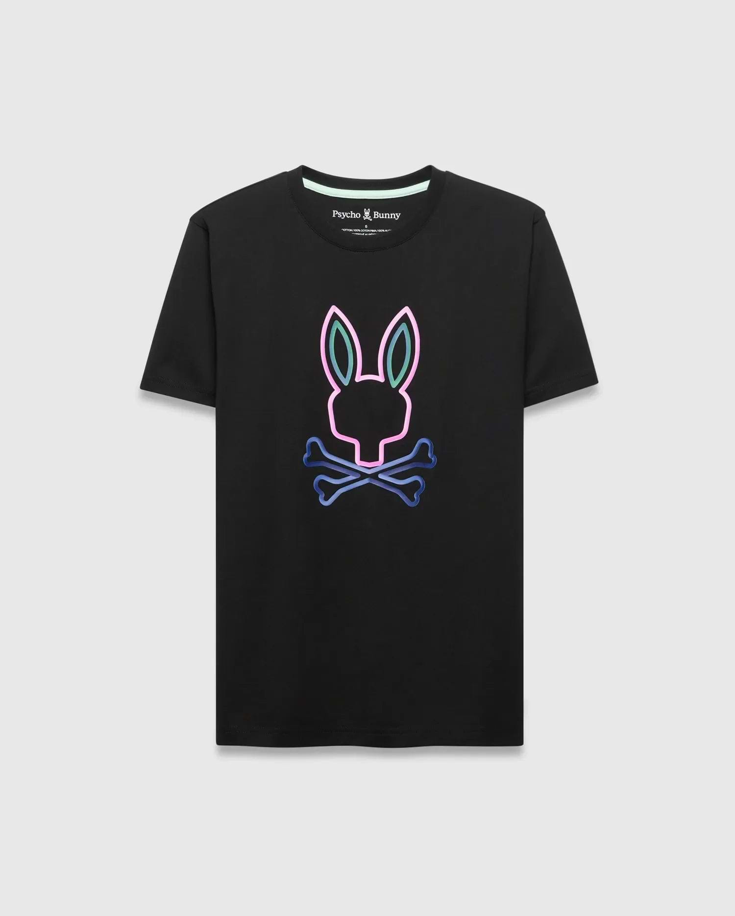 Black Mens Dayton Graphic Tee, classic fit, smooth jersey, featuring a large central neon outline Psycho Bunny skull logo in vibrant pink, blue, and green gradient. (5)