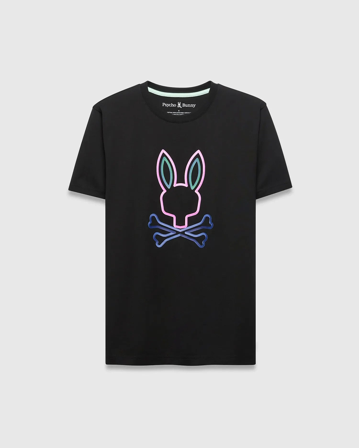 Black Mens Dayton Graphic Tee, classic fit, smooth jersey, featuring a large central neon outline Psycho Bunny skull logo in vibrant pink, blue, and green gradient. (5)