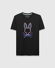 Black Mens Dayton Graphic Tee, classic fit, smooth jersey, featuring a large central neon outline Psycho Bunny skull logo in vibrant pink, blue, and green gradient. (5)