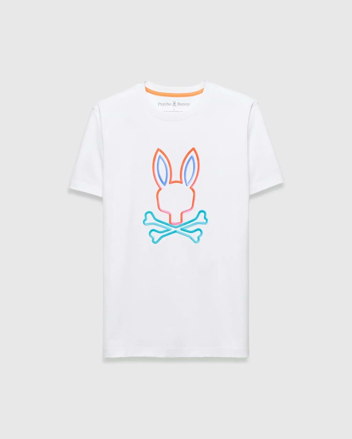 Mens Dayton Graphic Tee, white classic fit jersey t-shirt with a large neon orange, blue, and pink outline bunny skull graphic on the center chest, featuring a small embroidered Psycho Bunny logo and orange neck tape. (1)