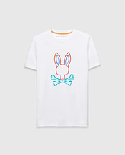 Mens Dayton Graphic Tee, white classic fit jersey t-shirt with a large neon orange, blue, and pink outline bunny skull graphic on the center chest, featuring a small embroidered Psycho Bunny logo and orange neck tape. (1)