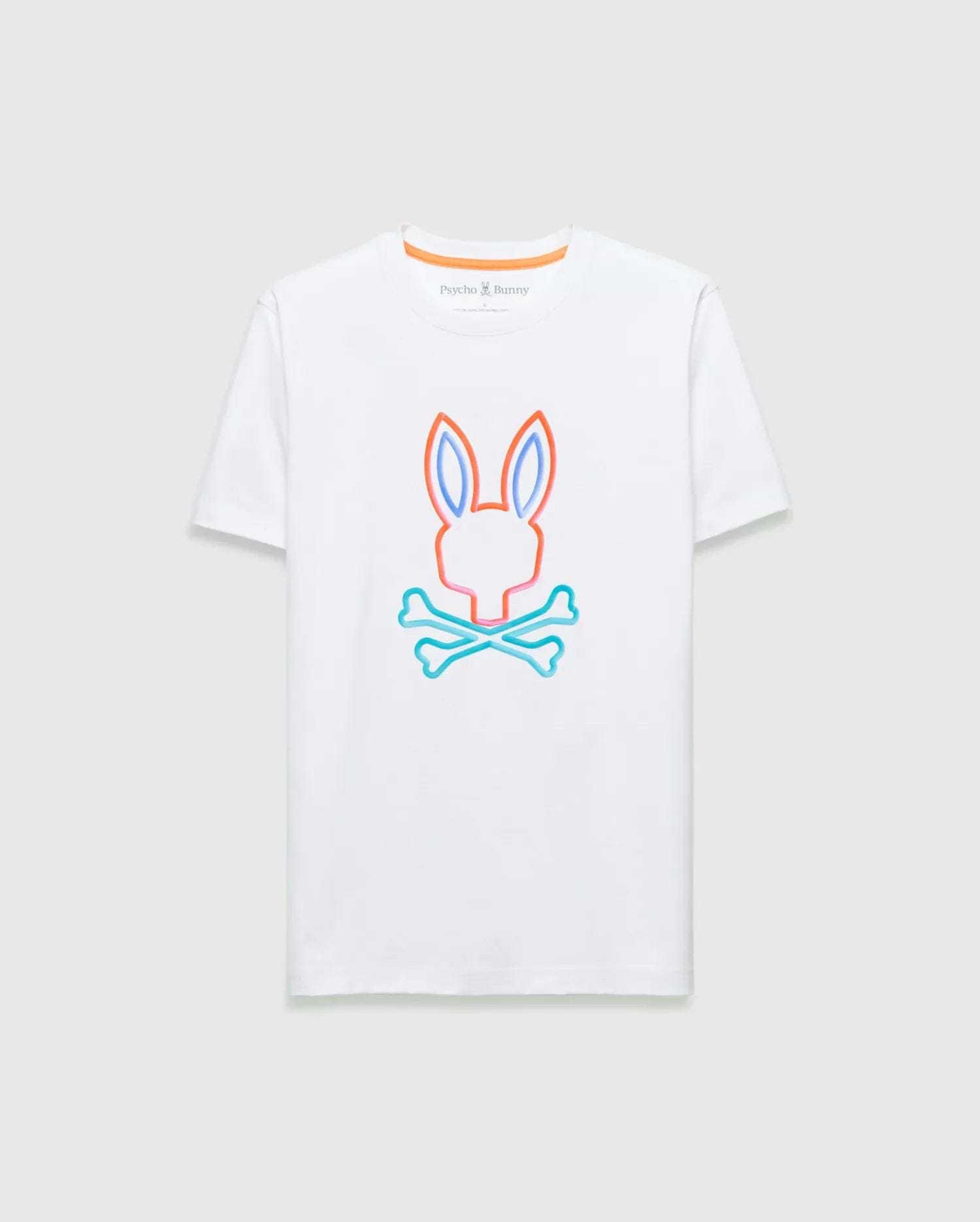 Mens Dayton Graphic Tee, white classic fit jersey t-shirt with a large neon orange, blue, and pink outline bunny skull graphic on the center chest, featuring a small embroidered Psycho Bunny logo and orange neck tape. (1)