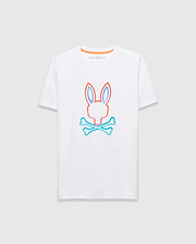 Mens Dayton Graphic Tee, white classic fit jersey t-shirt with a large neon orange, blue, and pink outline bunny skull graphic on the center chest, featuring a small embroidered Psycho Bunny logo and orange neck tape. (1)