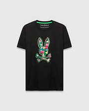 Mens Nate Graphic Tee, black classic fit jersey t-shirt featuring a large, vibrant multicolor watercolor Psycho Bunny skull logo graphic on the chest. (1)