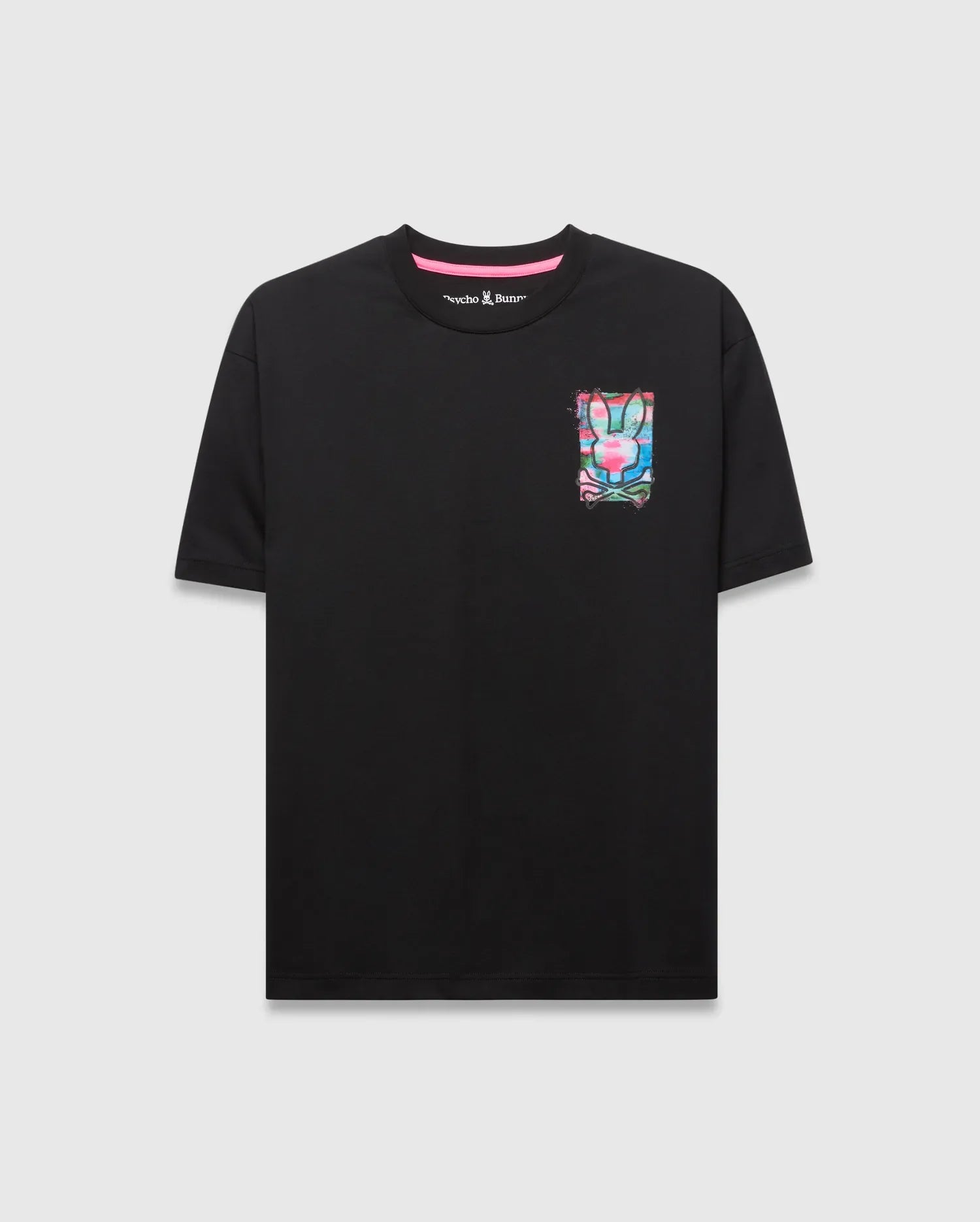 Black Mens Isaac Relaxed Fit Tee in smooth jersey, featuring a small vibrant multi-color graphic bunny skull logo on the left chest and a pink inner neckline.