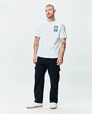 Mens Isaac Relaxed Fit Tee in white soft jersey, featuring a relaxed fit and a vibrant, multi-color Psycho Bunny skull and crossbones graphic print on the left chest.
