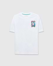 Mens Isaac Relaxed Fit Tee, a white jersey t-shirt with a relaxed fit, featuring a vibrant multi-color graphic Psycho Bunny skull logo on the left chest and a blue inner neck stripe.