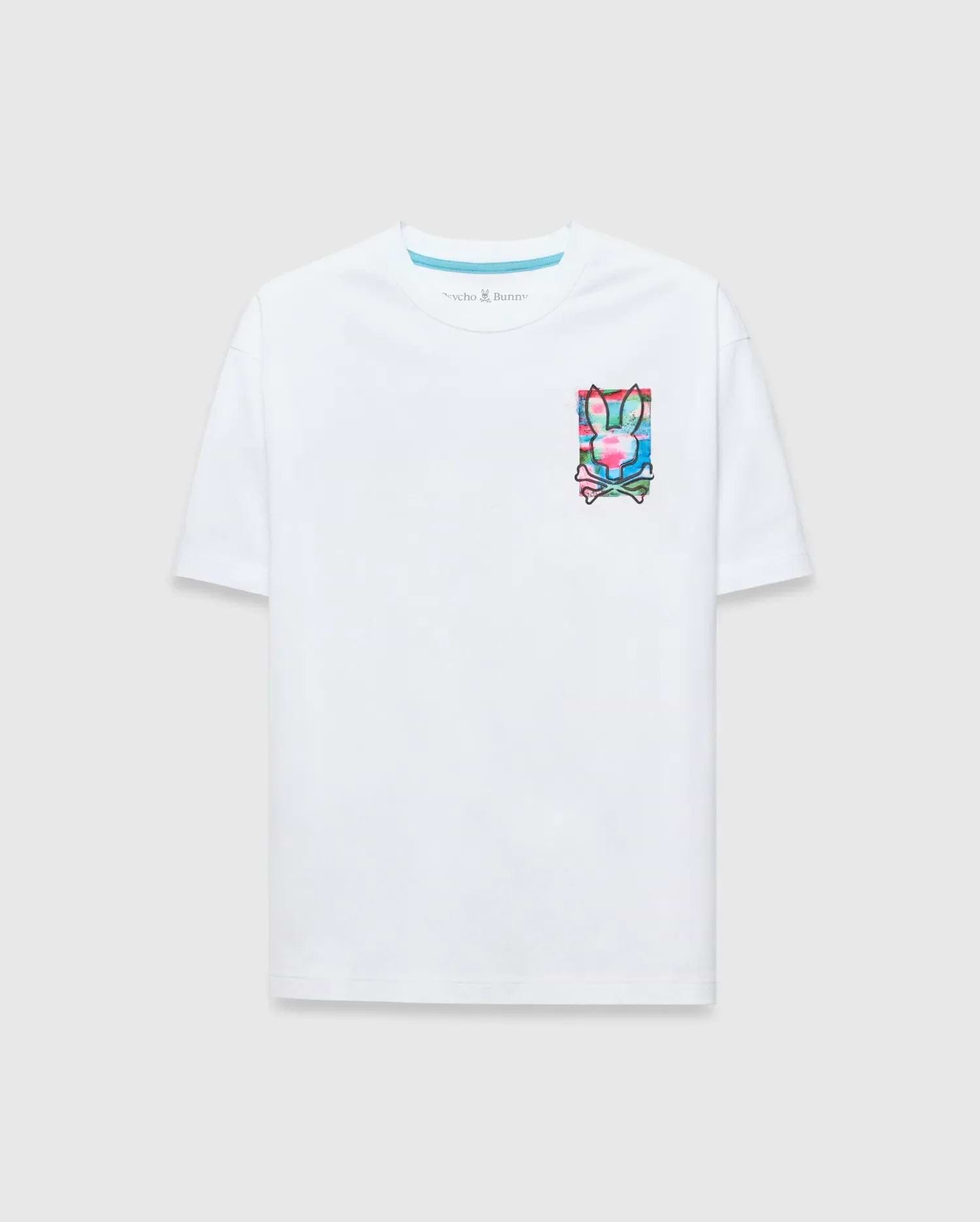 Mens Isaac Relaxed Fit Tee, a white jersey t-shirt with a relaxed fit, featuring a vibrant multi-color graphic Psycho Bunny skull logo on the left chest and a blue inner neck stripe.