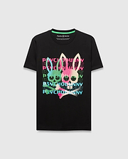 Mens Landon Wordmark Tee, a black classic fit jersey t-shirt featuring a large chest graphic with stacked, gradient Psycho Bunny wordmark and bunny skull logos in vibrant pink, green, and blue. (1)