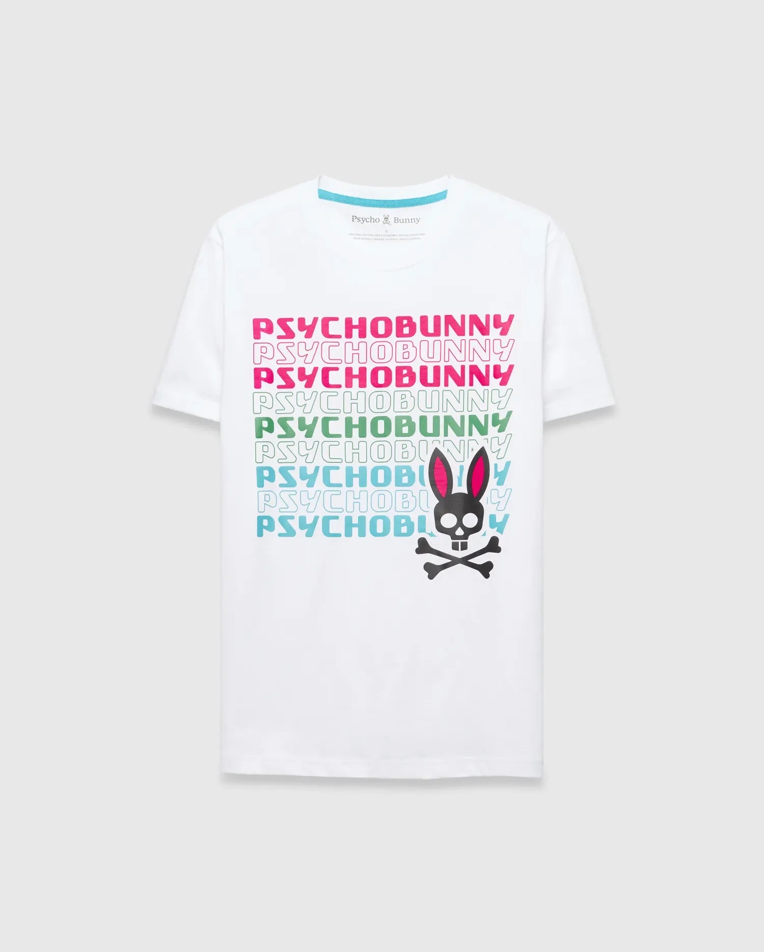 White Mens Landon Wordmark Tee, a classic fit jersey t-shirt featuring a large front graphic with repeated PSYCHOBUNNY wordmarks in pink, green, and blue, alongside a prominent black bunny skull logo with pink ears. (1)