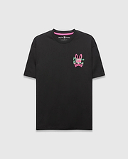 Black Mens Duncan Relaxed Fit Tee in soft jersey, featuring a vibrant pink and green embroidered Psycho Bunny skull logo on the left chest and a pink neck tape.