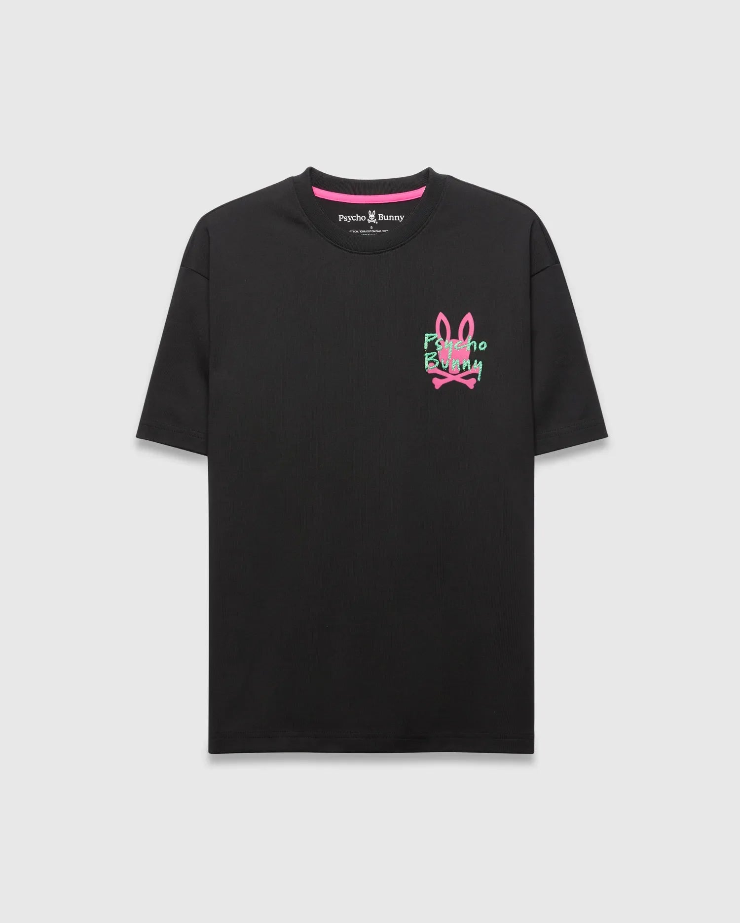 Black Mens Duncan Relaxed Fit Tee in soft jersey, featuring a vibrant pink and green embroidered Psycho Bunny skull logo on the left chest and a pink neck tape.
