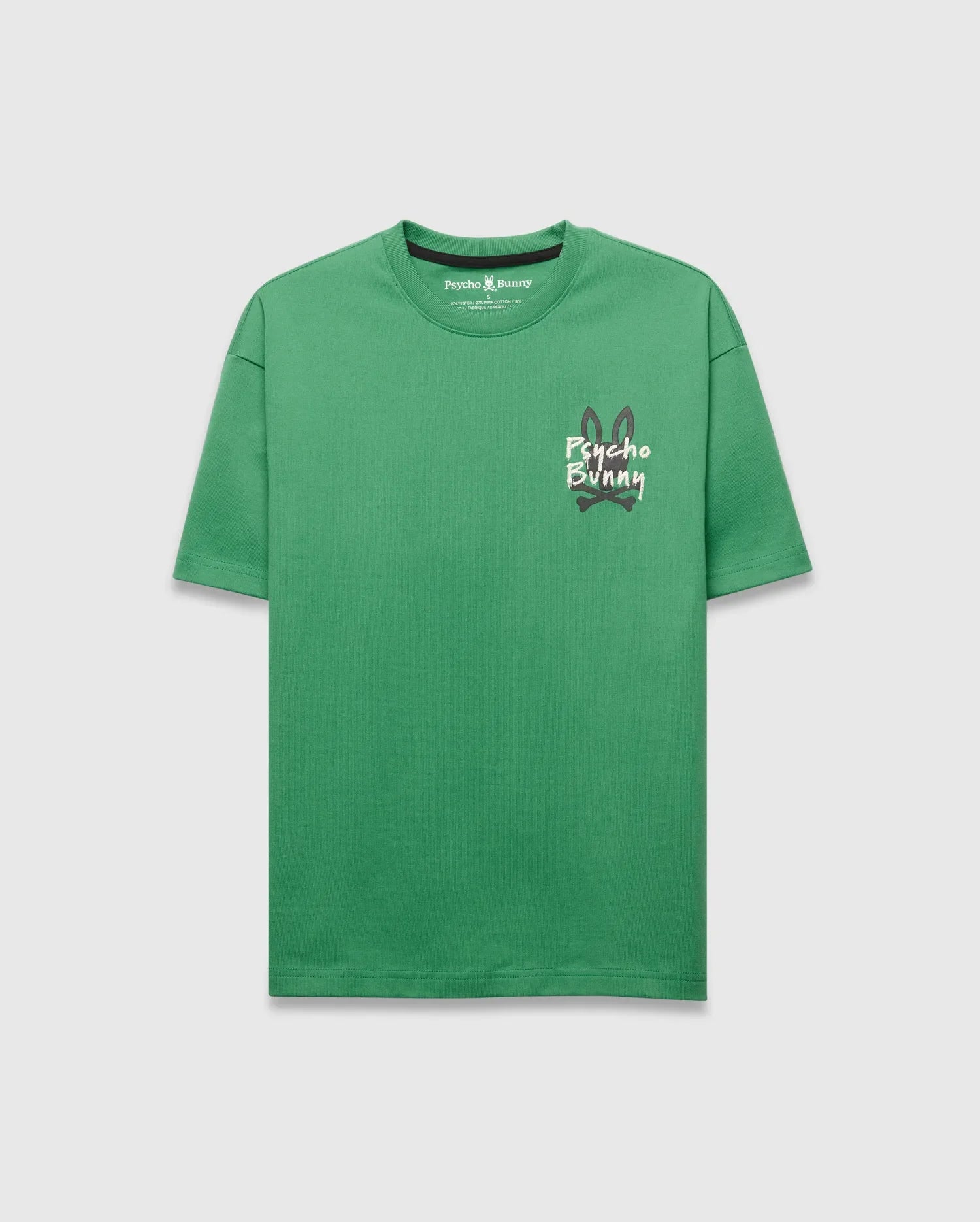 Mens Duncan Relaxed Fit Tee, a vibrant green relaxed fit jersey t-shirt featuring a large, distressed white and black Psycho Bunny skull logo with red crossbones on the center chest.