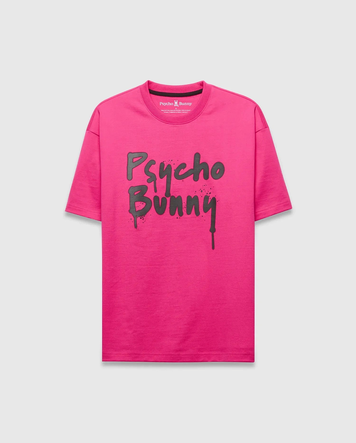 Bright pink jersey Mens Duncan Wordmark Relaxed Fit Tee with a large dark grey dripping Psycho Bunny graphic on the front and a small embroidered bunny skull logo on the back neck.