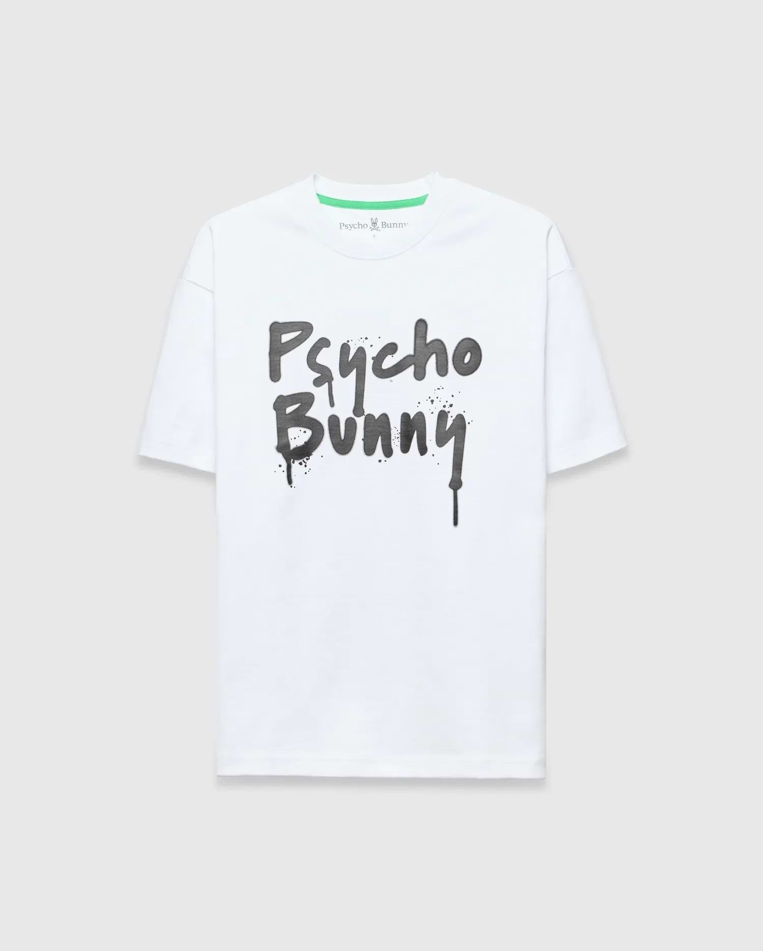 White Mens Duncan Wordmark Relaxed Fit Tee in smooth jersey, featuring a large dark grey graffiti-style Psycho Bunny wordmark graphic with drip effect on the chest and a small green neck tag logo.