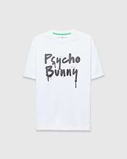 White Mens Duncan Wordmark Relaxed Fit Tee in smooth jersey, featuring a large dark grey graffiti-style Psycho Bunny wordmark graphic with drip effect on the chest and a small green neck tag logo.