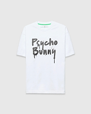 White Mens Duncan Wordmark Relaxed Fit Tee in smooth jersey, featuring a large dark grey graffiti-style Psycho Bunny wordmark graphic with drip effect on the chest and a small green neck tag logo.