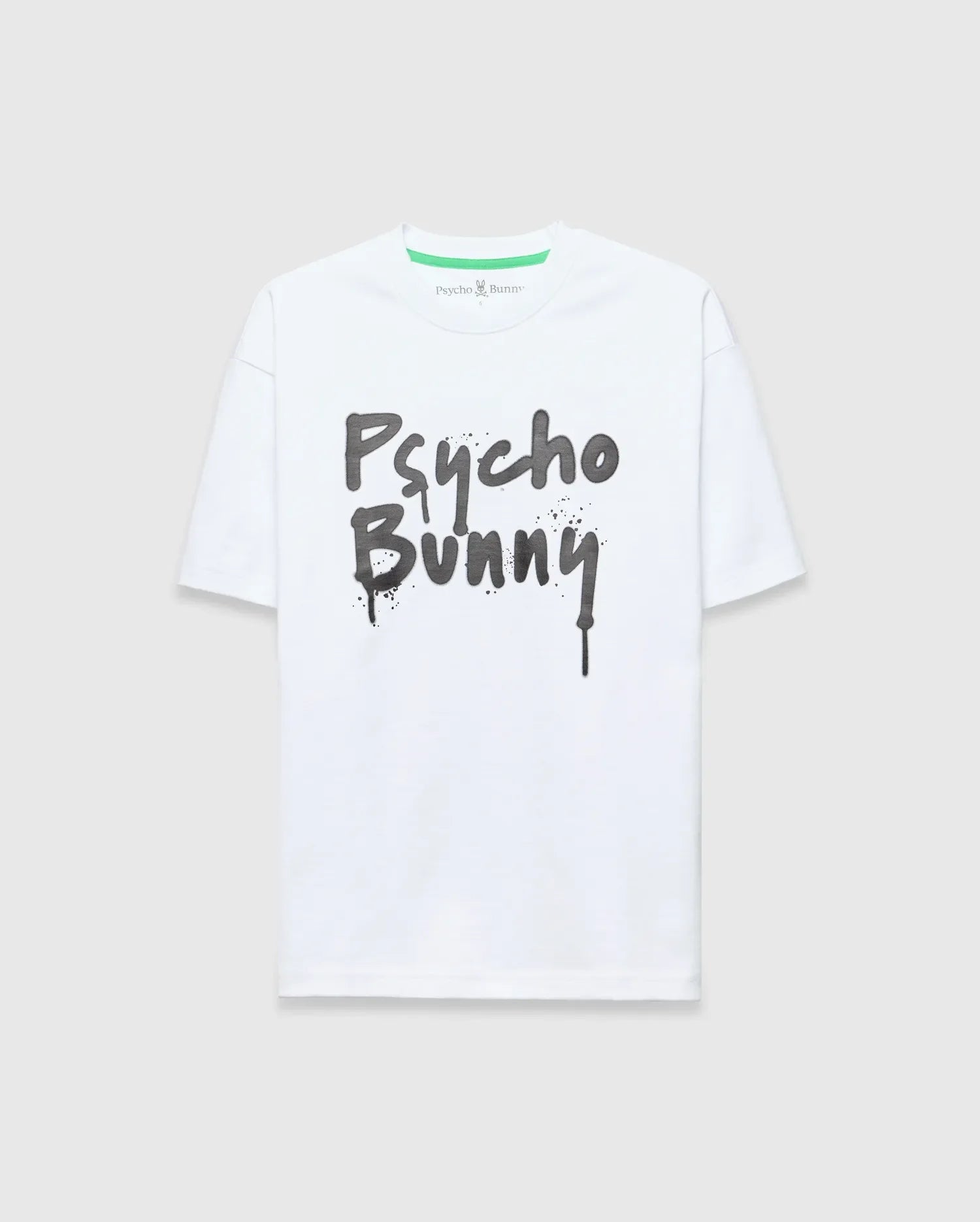 White Mens Duncan Wordmark Relaxed Fit Tee in smooth jersey, featuring a large dark grey graffiti-style Psycho Bunny wordmark graphic with drip effect on the chest and a small green neck tag logo.