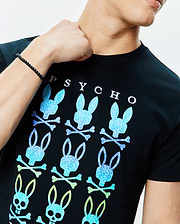 Mens Colt Graphic Tee, black classic fit jersey t-shirt with a large chest graphic of gradient blue and green pixelated Psycho Bunny skull and crossbones, and white PSYCHO text. (3)